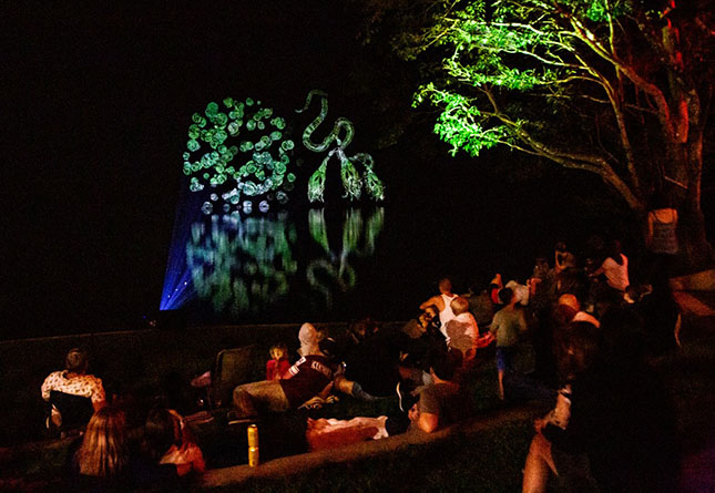 projection of Indigenous animation across Lake Placid near Cairns
