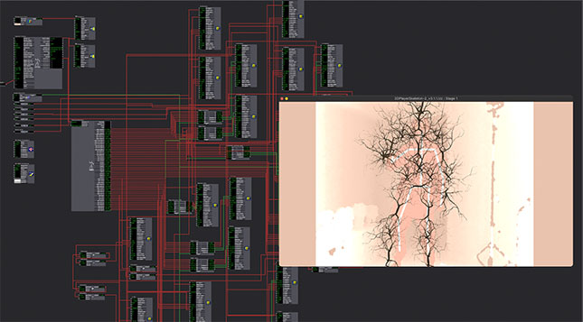 screen shot of Isadora workspace and 3D mycelium puppet